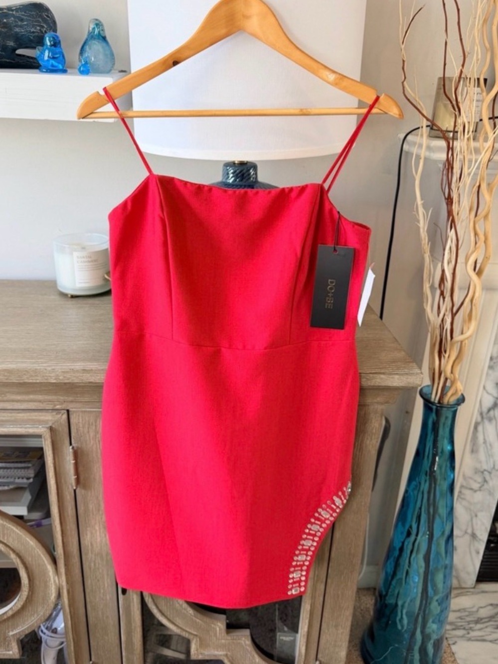 DO+BE Karie Dress‎ Womens Red Large Rhinestone Embellished Mini Bodycon NWT